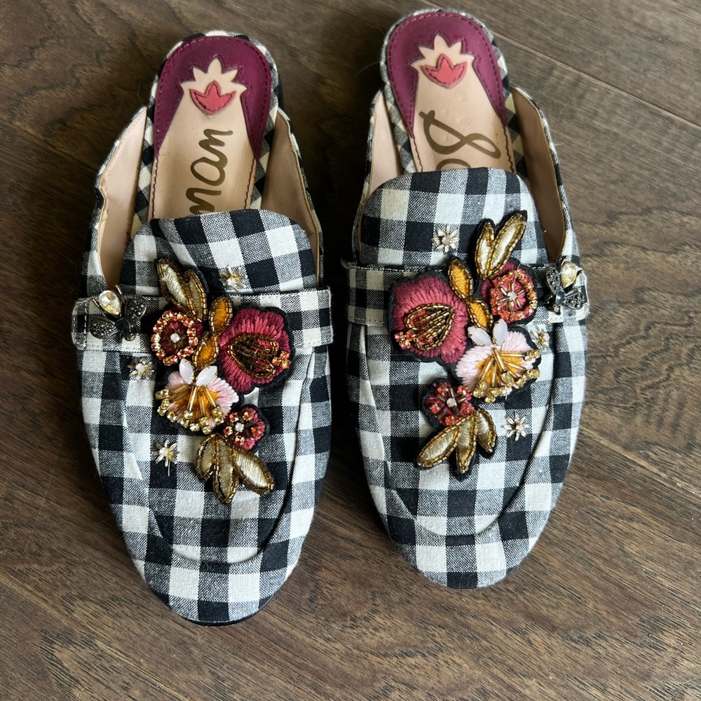 Sam Edelman Black & White Gingham Beaded Mules